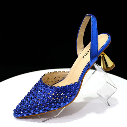 Pointed Toe Heels for Women Elegant Party Wine Color Full Diamond Pumps Italian Shoes and Bags Matching Set