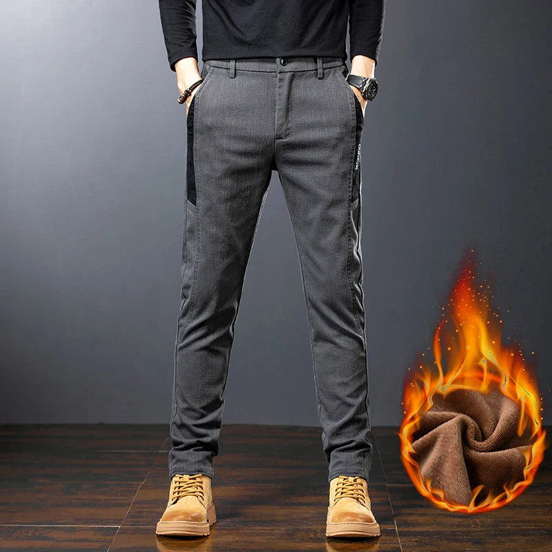 Winter Mens Fashion Fleece Warm Casual Pants Slim Straight Leg Korean Thermal Trousers Business Thicken Velvet Brand Streetpants