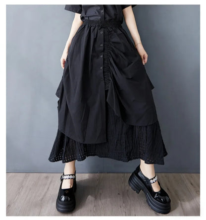 Spring And Summer Woman Hollow-out Splicing Irregular Fashion Loose Patchwork Drawstring Elastic Waist Pleated Umbrella Skirt