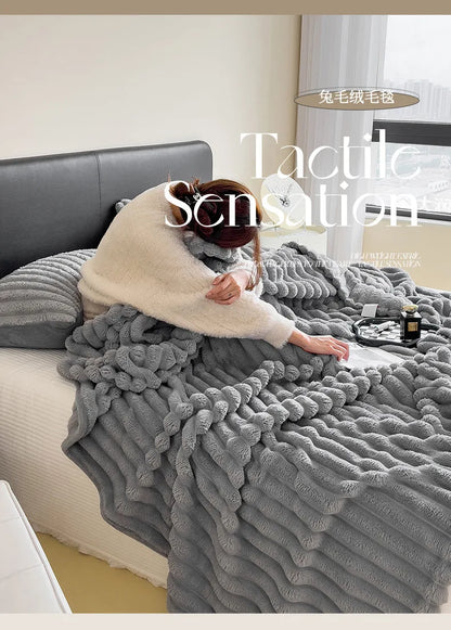 2025 New Rabbit Plush Blanket Draw Stripe Thickened Flannel Blanket Shawl Coral Fleece Sofa Blanket, without Pillowcase