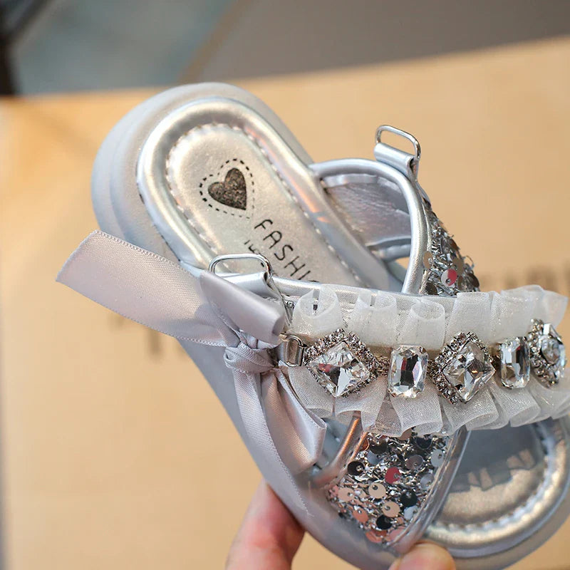 Kids Casual Shoes Fashion Sandals PU Leather Crystal Sequin Summer Shoes For Girls Breathable Silver Shoes Size 26-37