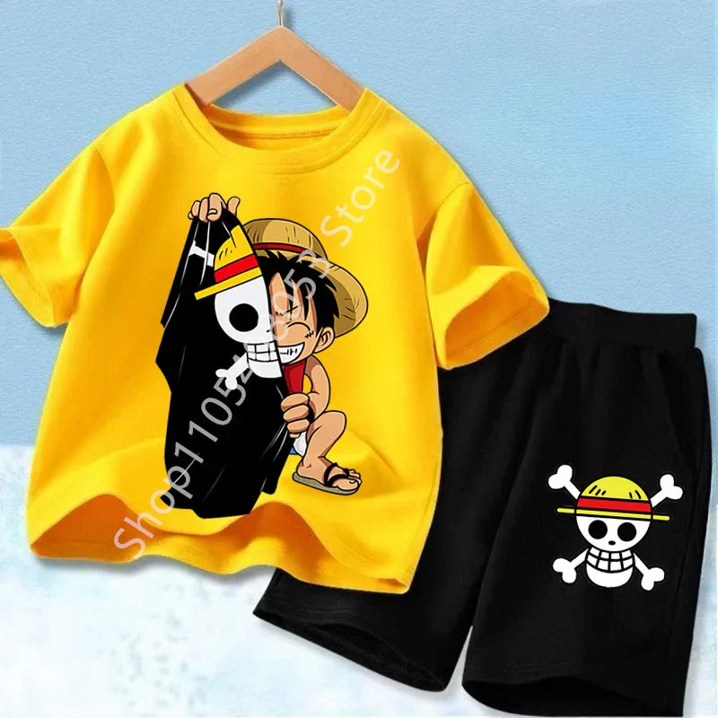 Summer Short Sleeve Clothes Set Anime Boy Girl T Shirt Shorts 2pcs One Piece Kids Outfit Chopper Luffy Tracksuit Suit Children