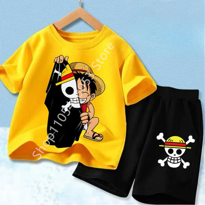 Summer Short Sleeve Clothes Set Anime Boy Girl T Shirt Shorts 2pcs One Piece Kids Outfit Chopper Luffy Tracksuit Suit Children