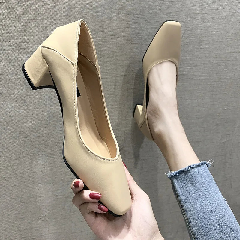 Shallow Mouth with Follow-up Shoes 2024 New Simple Solid Color Middle Heel Square Toe Daily Work Single Shoe Zapatos De Mujer