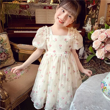 New Summer Princess Girls Dress Full Print Roses Flowers Pearl Inlay Decoration Puff Sleeve Bow Mesh Tutu Party Dresse For Kids