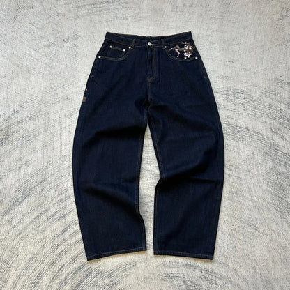 Y2K Vintage Low Waist Hip Hop Cherry Blossom Embroidered Jeans  Wide Leg Trousers Clothes Mens Embroidered Baggy Jeans Womes