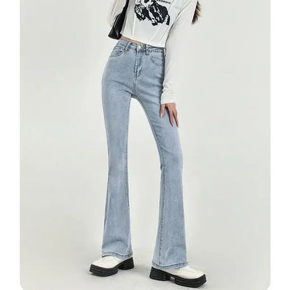 White Straight-leg Jeans Women's High-waisted Elastic Slimming Bootcut Pants Microflare Waistline Shredded Leggings Fashion