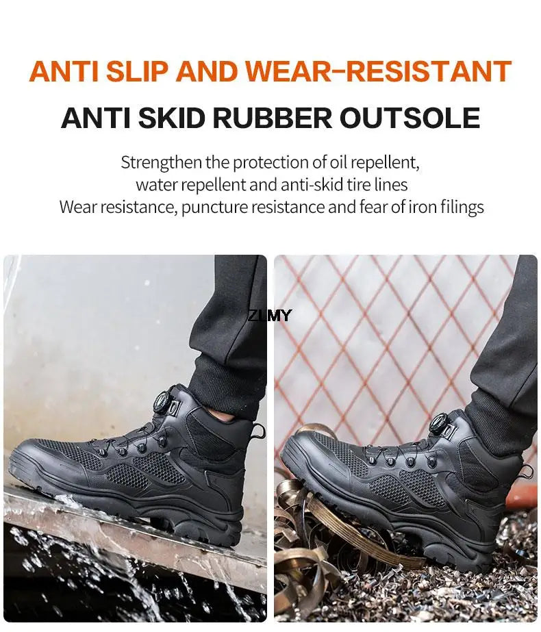 Construction Work Boots Men Steel Toe Safety Shoes Rotated Button Anti-smash Puncture Proof Sneakers Man High Top Security Boot