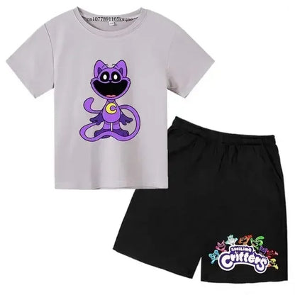 Smiling Critters Cartoon Print Kids Summer Cute 2pcs Soft T-shirts+Pants Suits 2-13Years Boys Girls Casual Sets Children Clothes