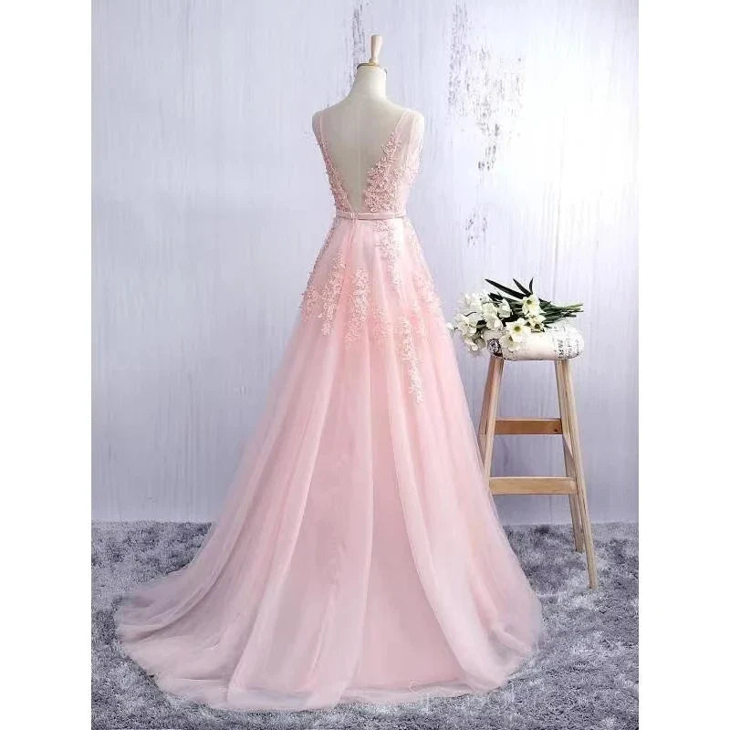 Gorgeous Pearl Pink Evening Dresses Illusion Strap Lace Appliques Square Neck V-Backless Gowns Slim A-Line Maxi Party Prom Dress