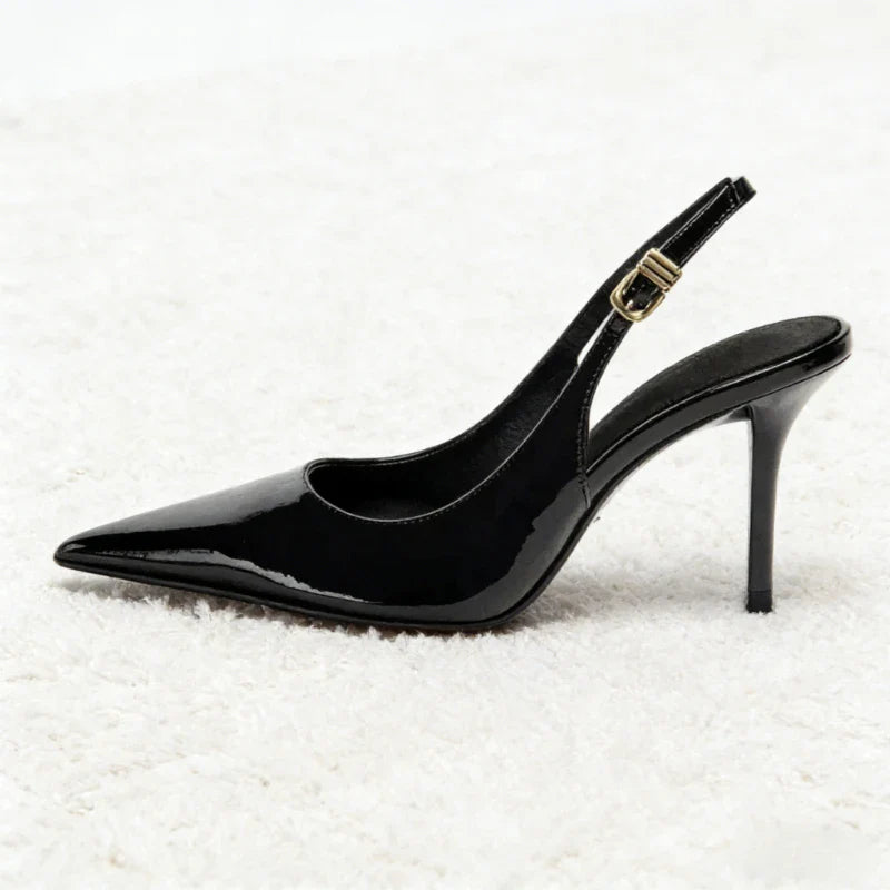Sexy Black Pointed Toe Patent Leather Pumps Women Luxury Metal Ankle Strap Buckle Brand Designer Shoes Cozy Commuter Office Shoe