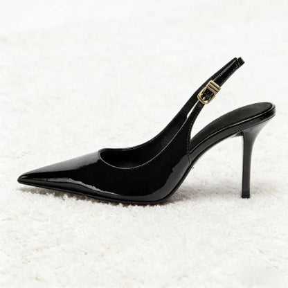 Sexy Black Pointed Toe Patent Leather Pumps Women Luxury Metal Ankle Strap Buckle Brand Designer Shoes Cozy Commuter Office Shoe
