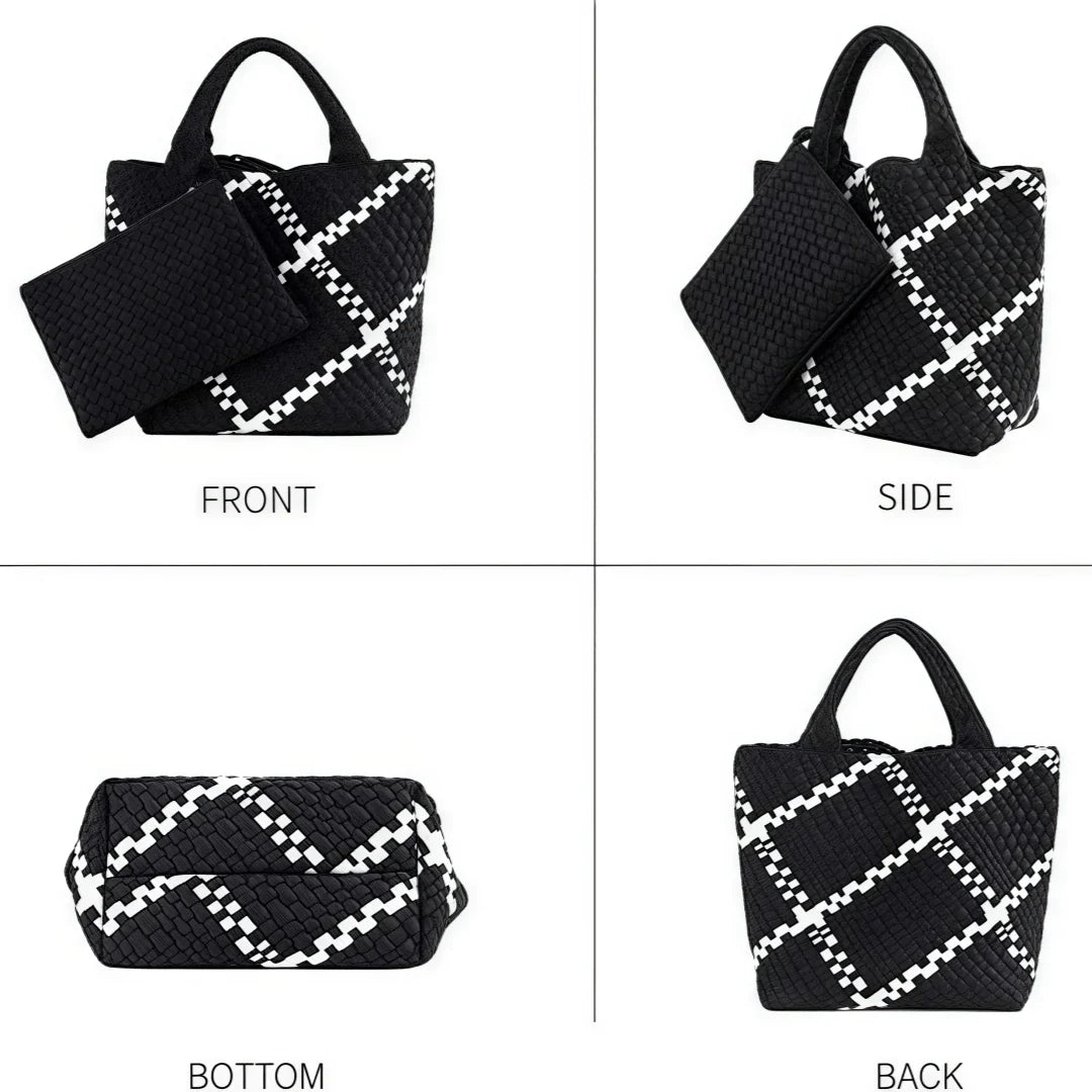 Woven Bag for Women, Neoprene Tote Bag Summer Beach Handbag Purse Retro Handmade Travel Shoulder Bag Set Neoprene Weave Tote Bag