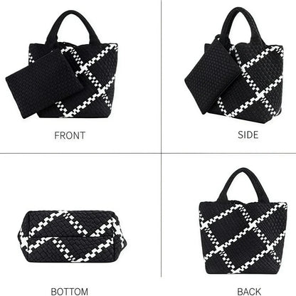 Woven Bag for Women, Neoprene Tote Bag Summer Beach Handbag Purse Retro Handmade Travel Shoulder Bag Set Neoprene Weave Tote Bag