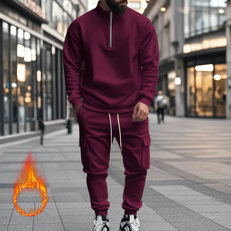 2024 autumn and winter men's casual velvet warm zipper sports trousers set