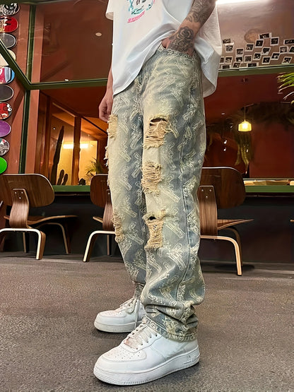 American-Style Street Washed Distressed Ripped Jeans for Men, Spring and Autumn Straight-Leg Loose European and American High Street Vibe Long Pants