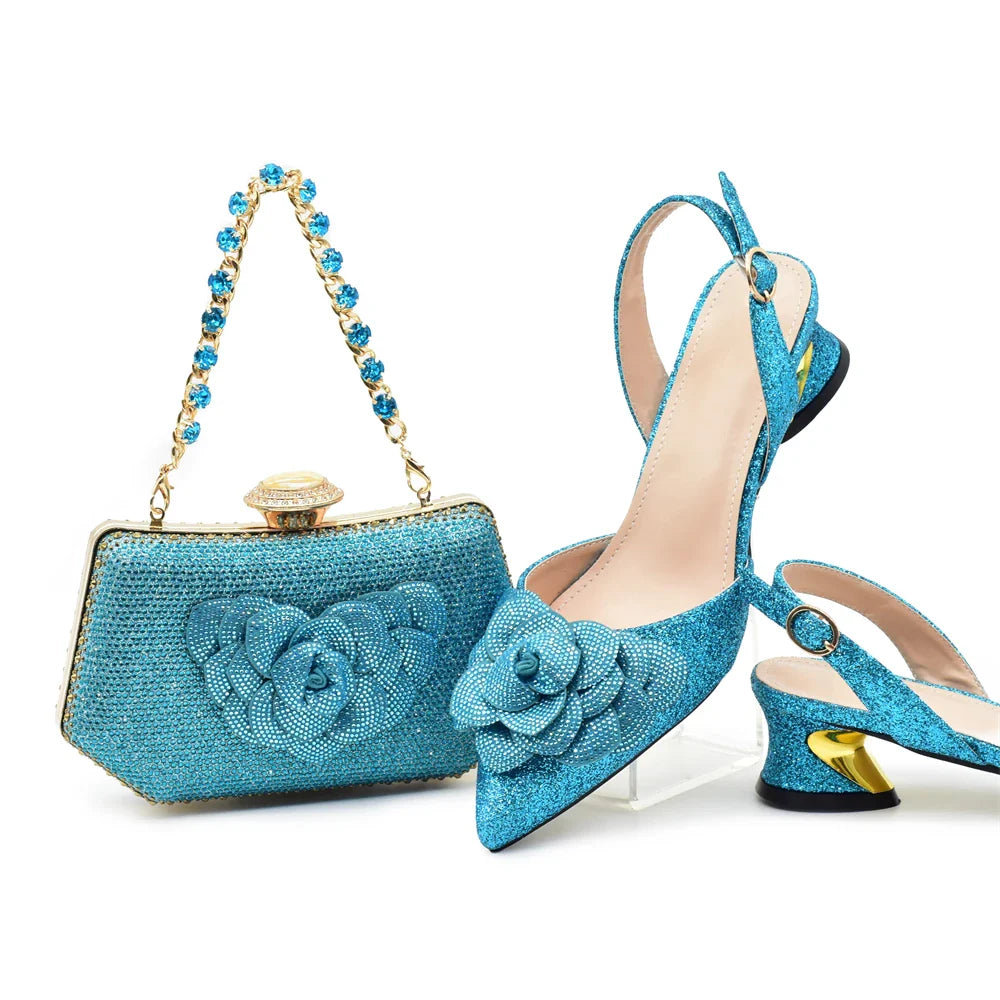 Fashion Nigerian Women Shoes and Bag Set Decorated with Rhinestone in Italy African Party Italian Shoe and Bag Luxury Pumps