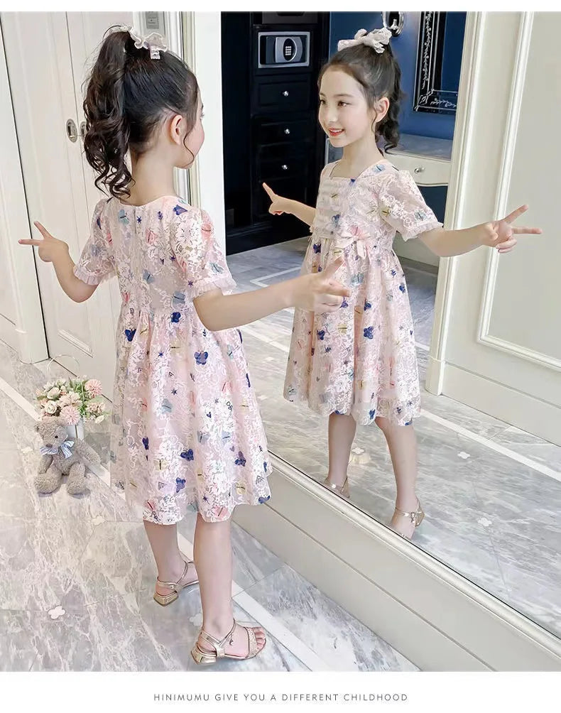 Vintage lace short sleeved dress For 2-9 yrs Baby Girls Loose Dress 6.1 Children's Day Clothing Cute beach Loose Clothes 2026