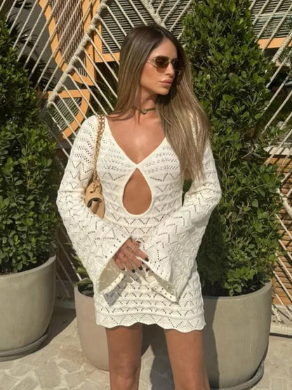 Boho Striped Chic V-neck Cut Out Bell Sleeve Knit Dress 2025 Summer Women Seaside Holiday Mini A-Line Dress K123