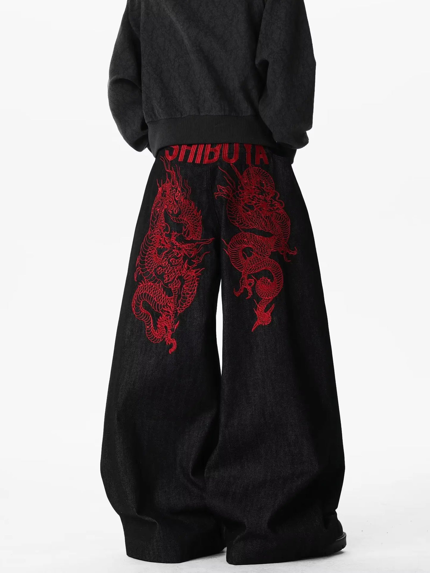 American retro embroidered pattern hip-hop jeans suitable for both men and women Y2K street cool floor length wide leg pants