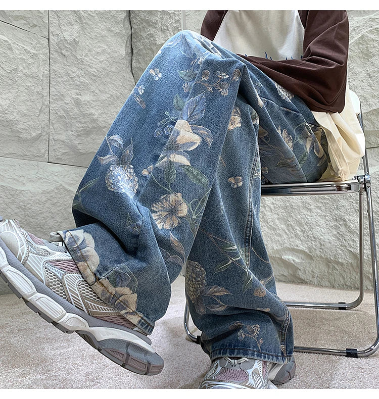 Mens Fashion Printed Jeans 2024 Spring Floral Denim Mopping Trousers Korean Style High Street Loose Hip Hop Wide-leg Jean Pants