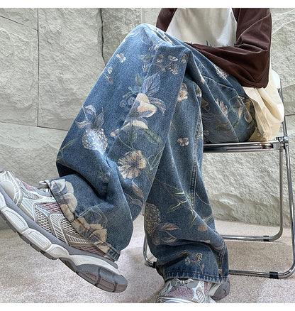 Mens Fashion Printed Jeans 2024 Spring Floral Denim Mopping Trousers Korean Style High Street Loose Hip Hop Wide-leg Jean Pants
