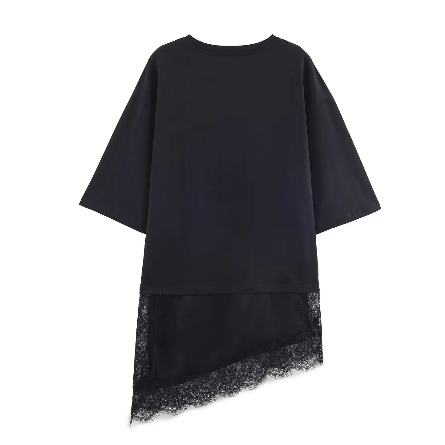 Lace Splice Asymmetry T-shirt  Women Fashion Autumn Winter O-neck loose Tee Top Chic Female Long Sleeved T-Shirts Mjuer