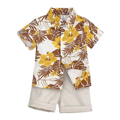 Toddler Baby Boys Sets Summer Hawaiian Outfit Infant Kids Floral Print Short Sleeve Shirt Bowtie Shirt+Shorts Gentleman Suits