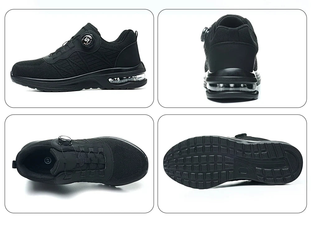 Men's Safety Shoes Steel Toe Anti- Crush Puncture Resistant Kevlar Pure Black Button Air Cushion Lightweight Work Shoes
