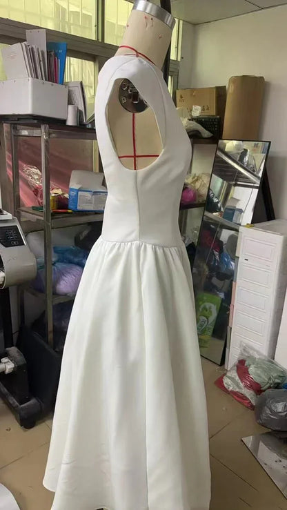 Women Circle Cut Out Back Dress Wide Shoulders and Fitted Waist Prom Dress Fluffy Hem Midi Wedding Party Dresses