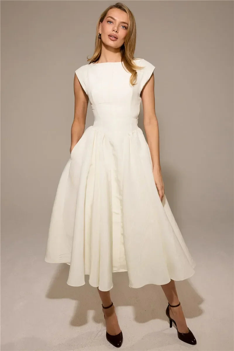 Women Circle Cut Out Back Dress Wide Shoulders and Fitted Waist Prom Dress Fluffy Hem Midi Wedding Party Dresses