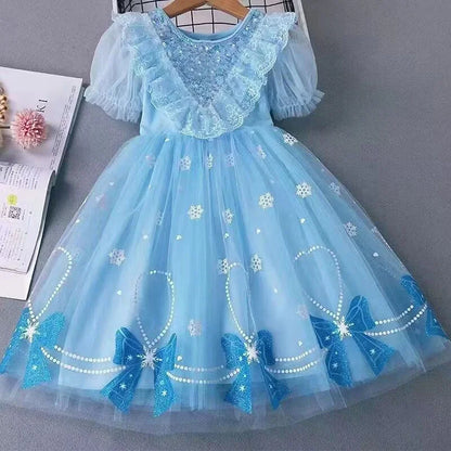 Girls Sweet Dress Summer Children Princess Gown Kids Spring Casual Short-sleeve Vestidos Kids Solid Color Loose Clothing 2-8Y