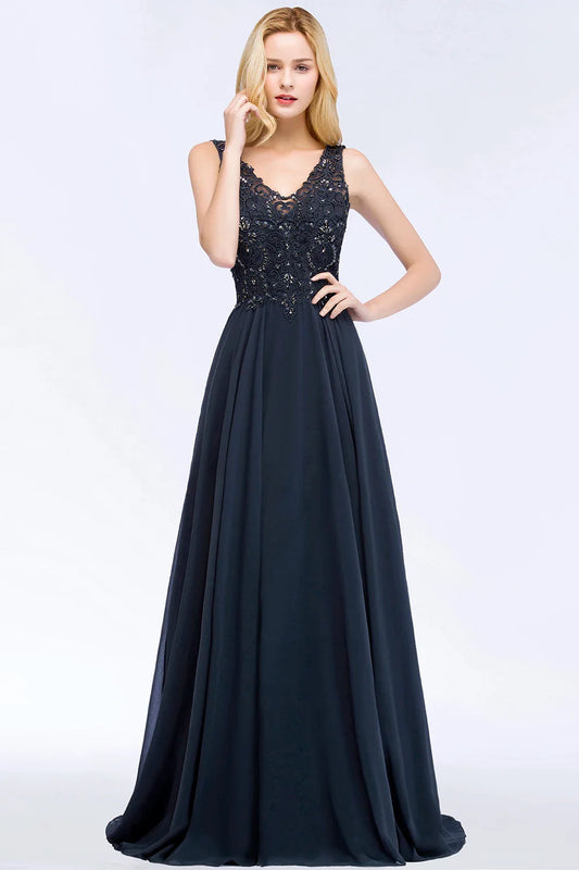 Navy Blue Evening Dresses Women V Neck Lace Appliques Beaded A Line Skirt Chiffon Prom Party Bridesmaid Gowns