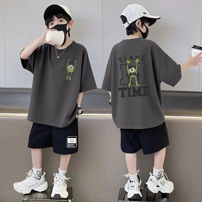 Summer Kids Boys T-Shirt+Shorts 2-Piece Set Printing Children Teen Loose Comfortable Sports Casual Clothes 7-17 Years Old