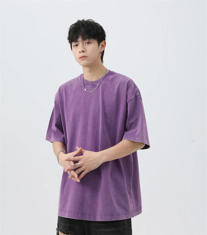 Japanese Korean Style Stir Fried Snowflake Washed T-Shirts Men Women Cotton Heavyweight Summer Hip Hop Streetwears Short Sleeved