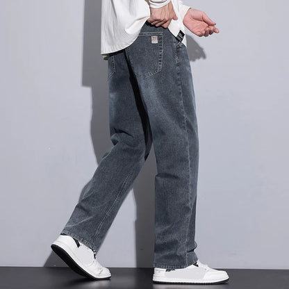 New Men's Micro Elastic Wide Leg Jeans American Retro Versatile Loose Fit Long Pants for All Seasons