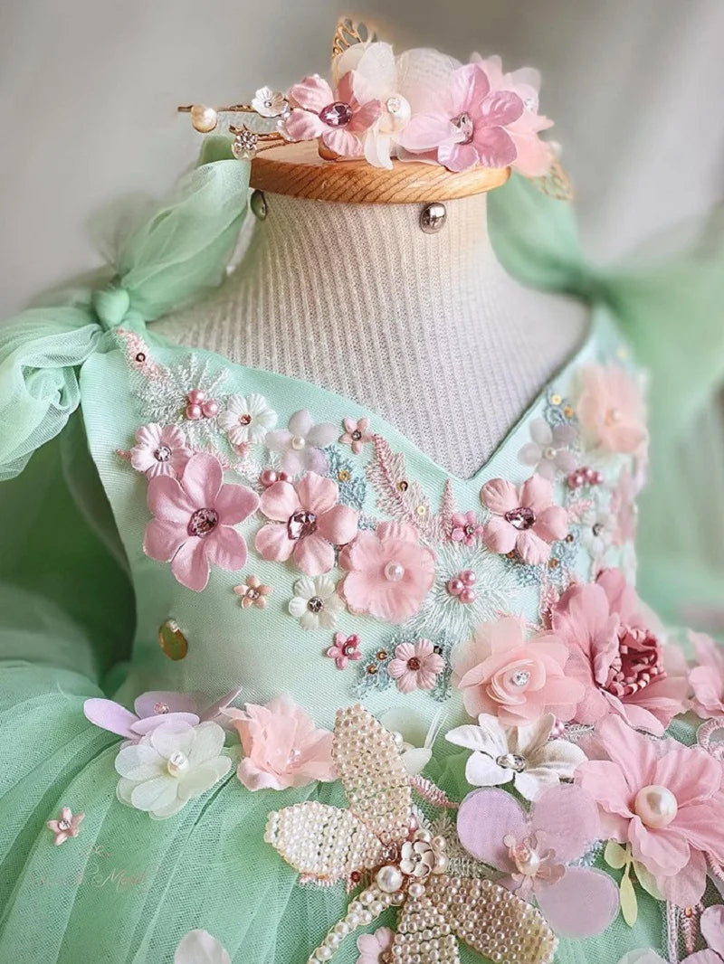 Vestido de princesa infantil borboleta com asas de malha fofa para meninas de 2 a 6 anos, vestido elegante para festa de aniversário com flores