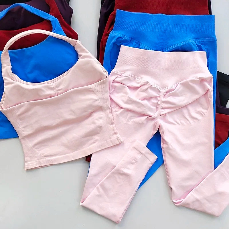 Fitness Set, Long Halter Neck Back-Shaping Leggings, High-Waisted Butt-Lifting Breathable Training Pants for Women