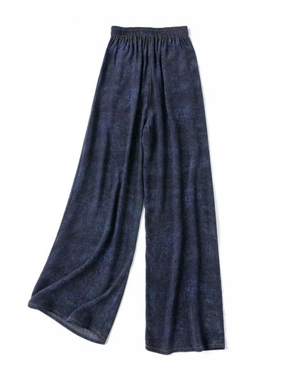 Women Pants 100% Mulberry Silk 16 momme Silk Loose Type Wide Leg Navy Jeans Printed Long Pants Trousers With Pockets L XL M1155
