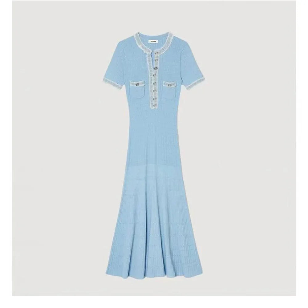 Elegant Contrasting Women Knit Maxi Dress Chic O-neck Short Sleeve Metal Buttons Bodycon Dresses Office Lady Commuting Robe