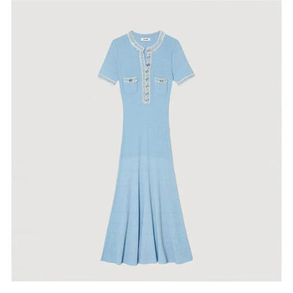 Elegant Contrasting Women Knit Maxi Dress Chic O-neck Short Sleeve Metal Buttons Bodycon Dresses Office Lady Commuting Robe