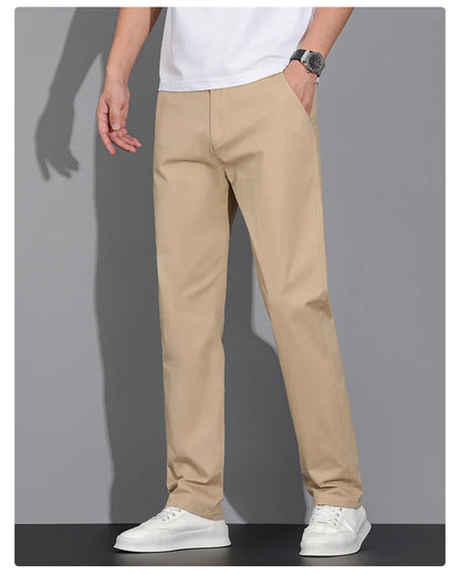 New Men's Business Cotton Thin Straight Pants Casual Elastic Slim Comfortable Male Brand Trousers Black Gray Khaki Royal Blue