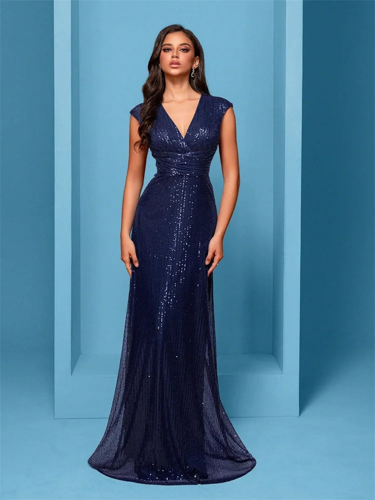 legant V Neck Silver Sequins Evening Dresses 2025 Women Sleeveless Party Maxi Mermaid Dress Long Luxury Prom Gown