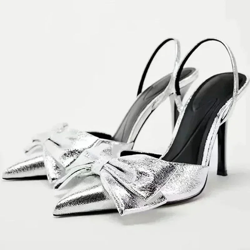 Luxury Silver High Heeled Sandals Women Sexy Pointed Toe Back Strap Thin Heels for Women Elegant Bow Design Banquet Dress Shoes