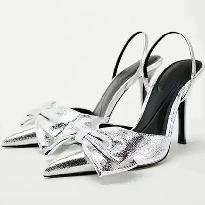Luxury Silver High Heeled Sandals Women Sexy Pointed Toe Back Strap Thin Heels for Women Elegant Bow Design Banquet Dress Shoes