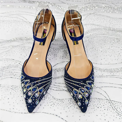 Elegant Italian Rhinestone Pointed-Toe High Heel Shoes with Matching Handbag Set - Stylish & Comfortable Women's Footwear