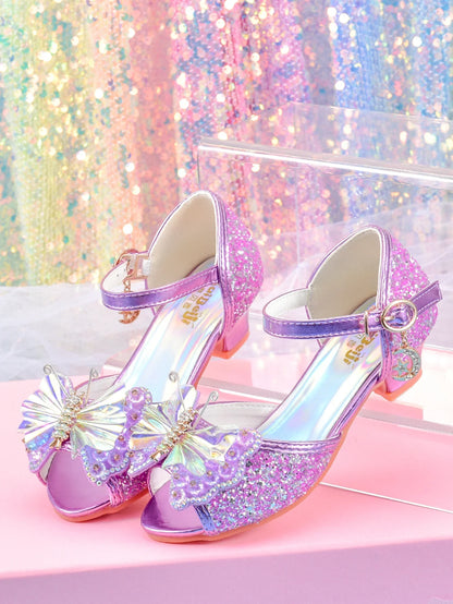 Women's girls' fashionable crystal bow high heels, student princess shoes