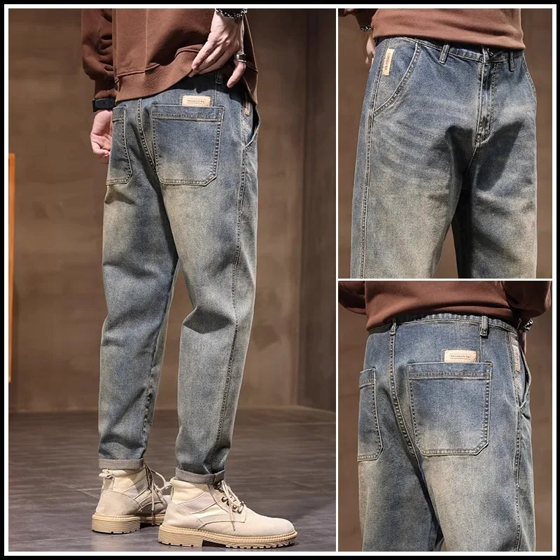 Retro American Style Men's Jeans Loose Fit Heavy Casual Slim Leg Cotton Pants Elastic Waist Korean Denim Jeans for Spring Autumn