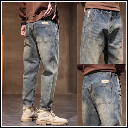 Retro American Style Men's Jeans Loose Fit Heavy Casual Slim Leg Cotton Pants Elastic Waist Korean Denim Jeans for Spring Autumn