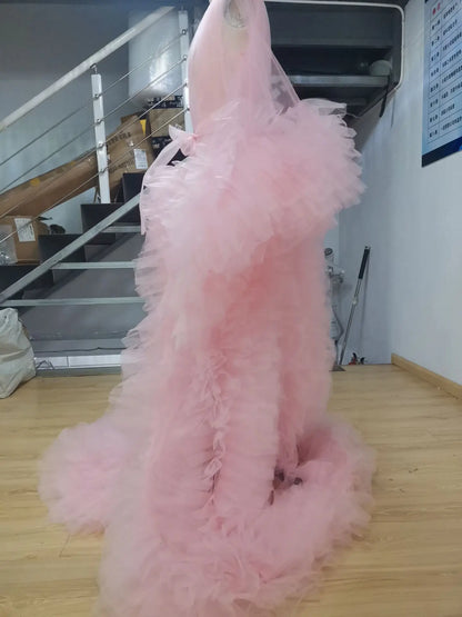 Unique Prom Dresses Custom Made Tulle Maternity Robes Women Photoshoot Evening Gowns Fluffy Tiered Tulle Robe Formal Party Dress